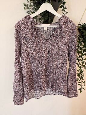H&M Purple Floral V-Neck Long Sleeve Blouse
